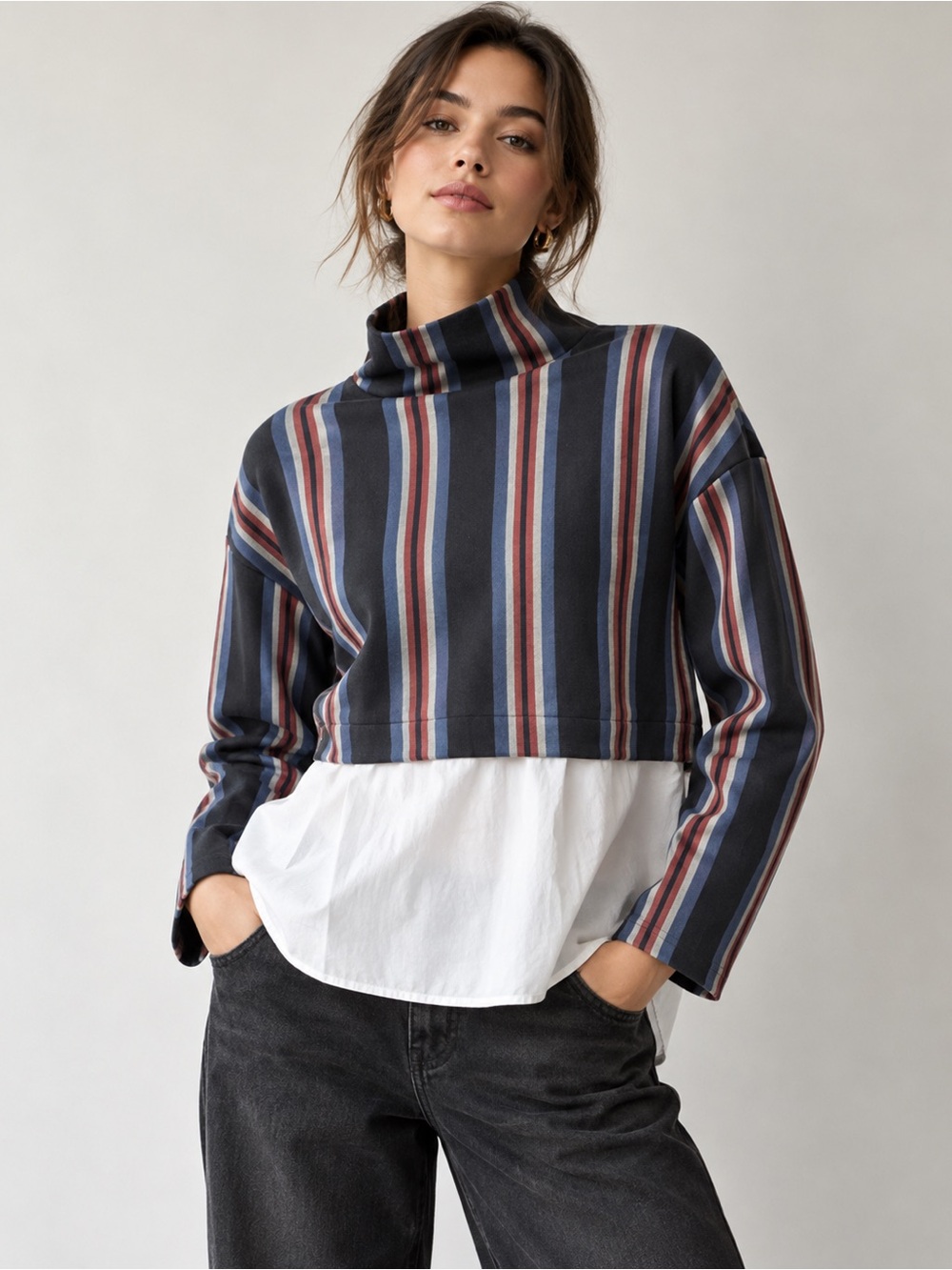 Tweed Striped High Neck White Hem Top Blouse XS